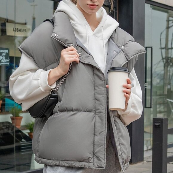 Grey Casual Women's Drawstring Hem Sleeveless Zip Front Puffer Pockets Coat - Picture 7 of 8